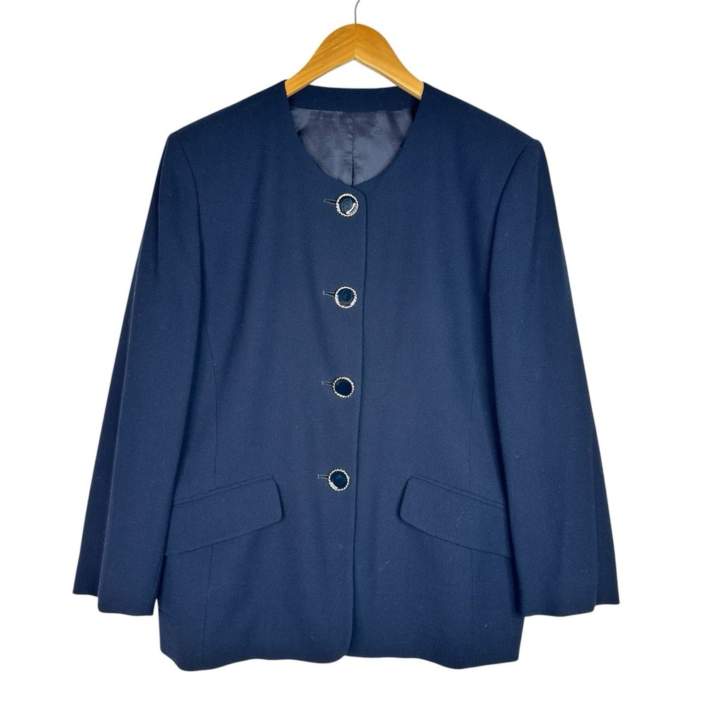 Vintage Burberrys Blazer Womens 12/46 Navy Gold Button Made Italy Collarless